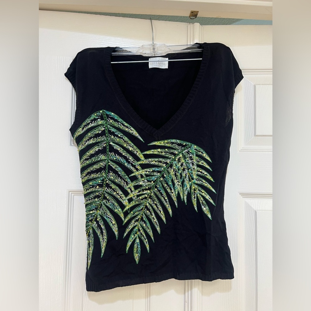 Iceberg light knit sequence palm leaves embroidered short sleeves tunic top S